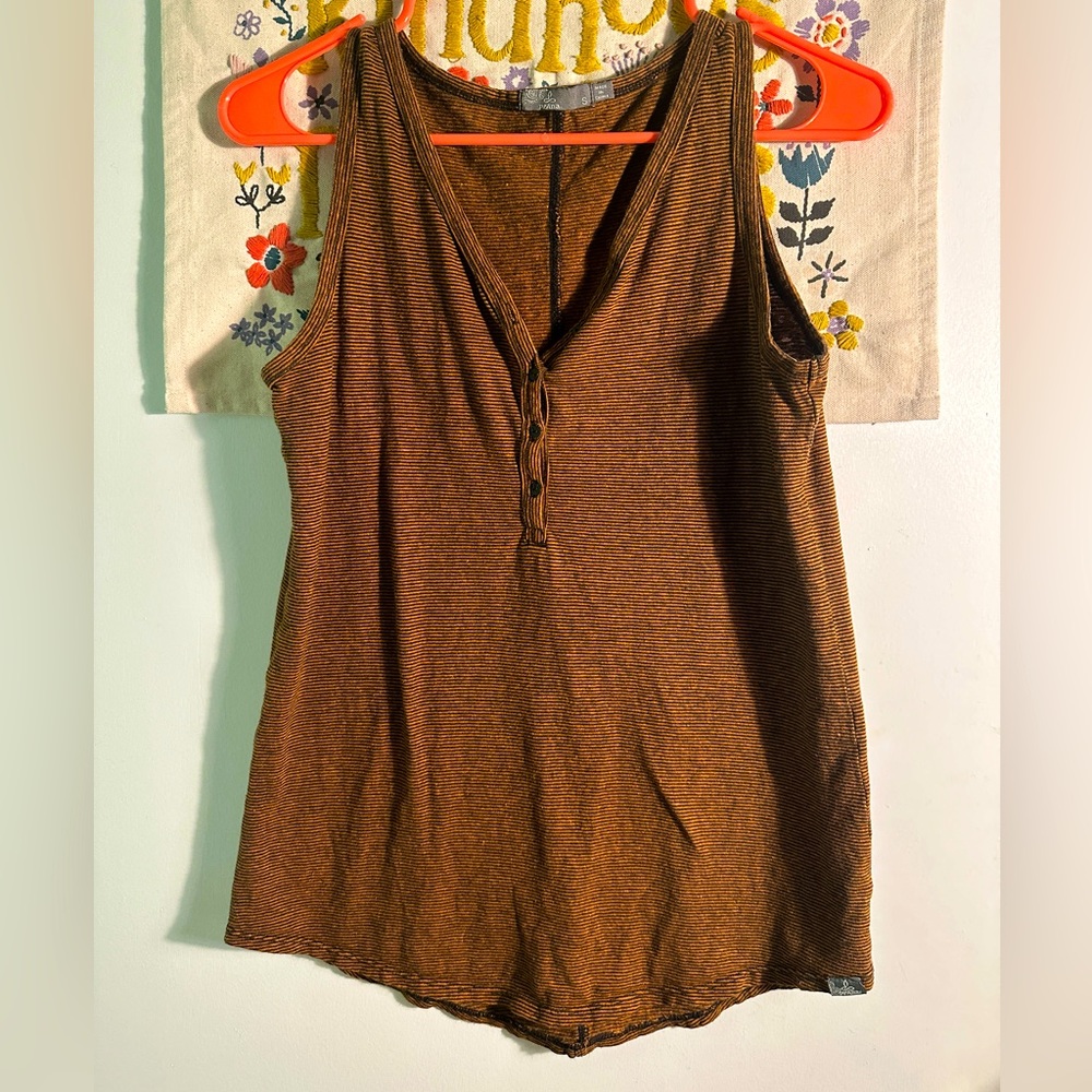 Prana Brown/Orange Striped Sleeveless Top Tank with Buttons